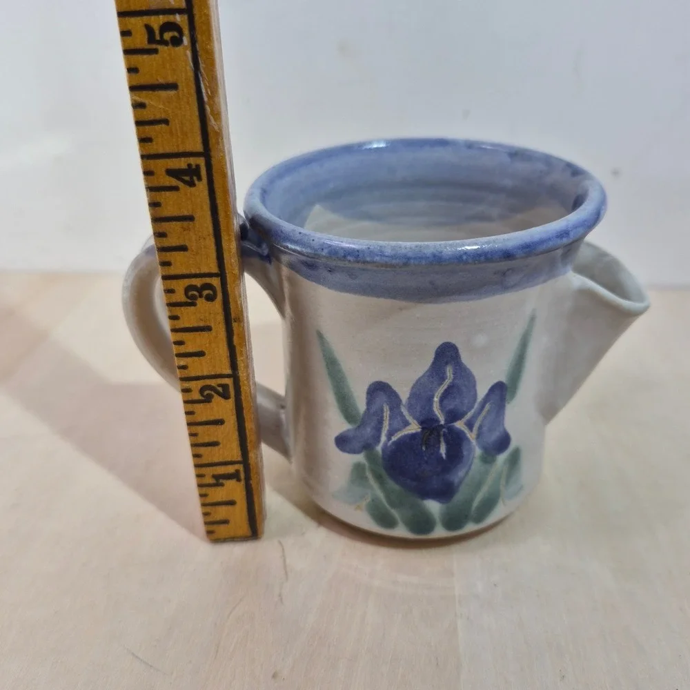 Studio Pottery Shaving Scuttle Mug Hand Painted Blue Iris Floral Stoneware 4in